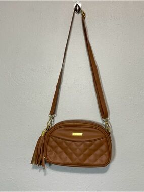 JOY & IMAN Brown Leather Diamond Quilted Crossbody Bag with Tassel